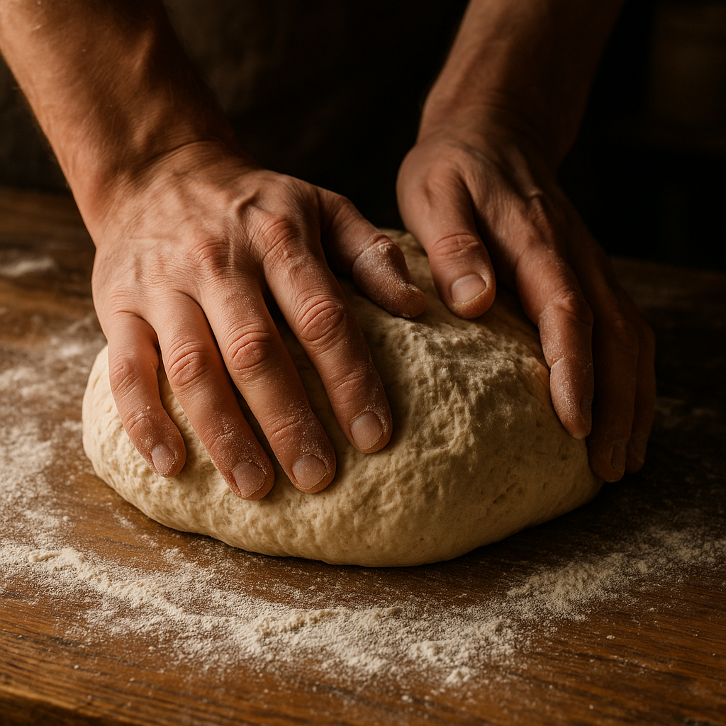 Manos amasando masa madre sobre una mesada de madera enharinada