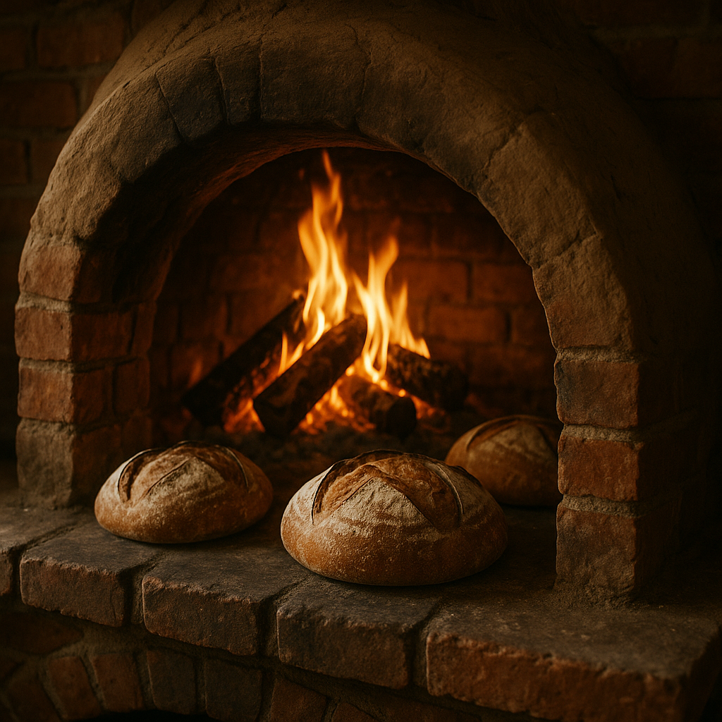 Horno de leña encendido con panes horneándose en su interior