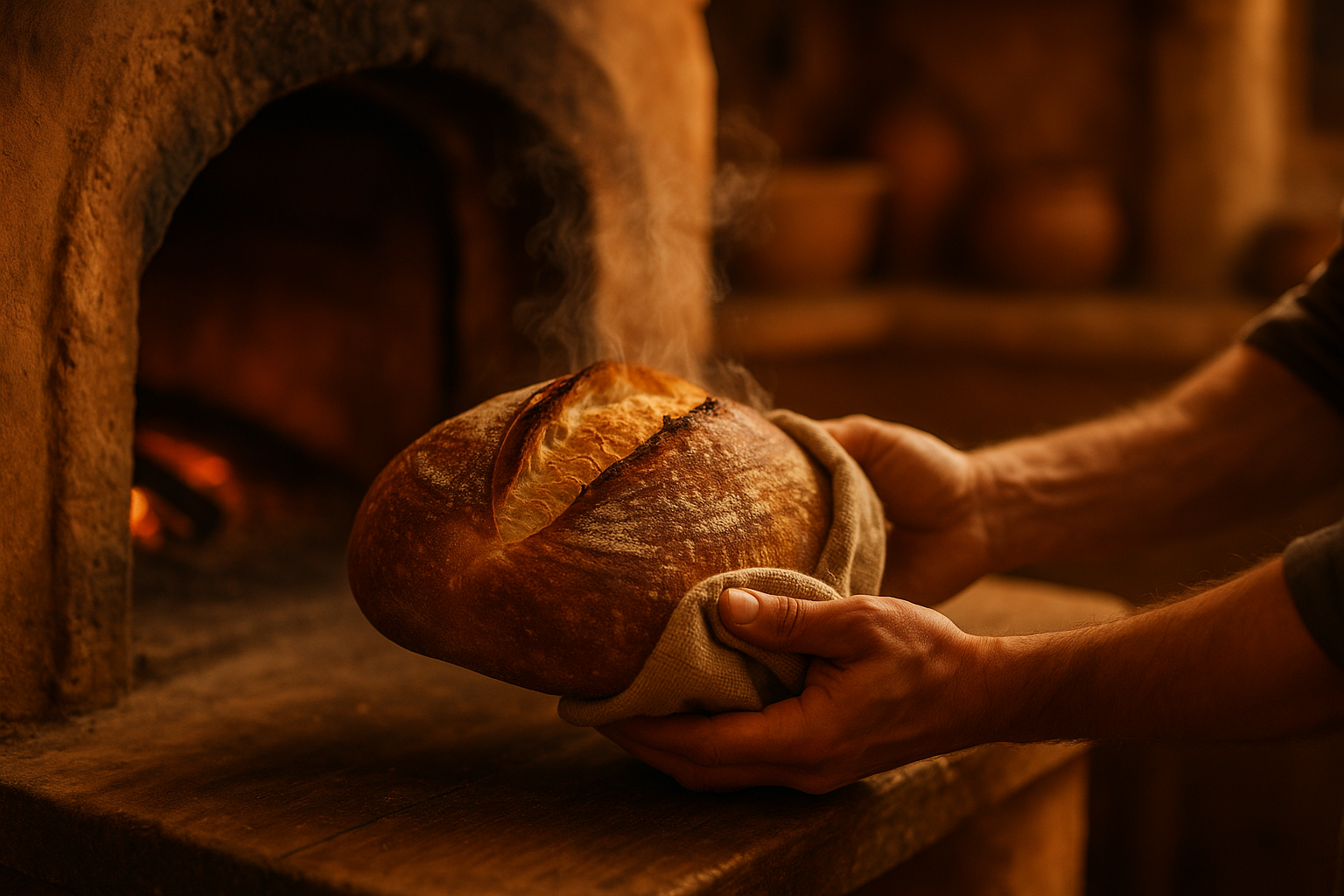 Panadero sacando un pan de masa madre recién horneado de un horno a leña